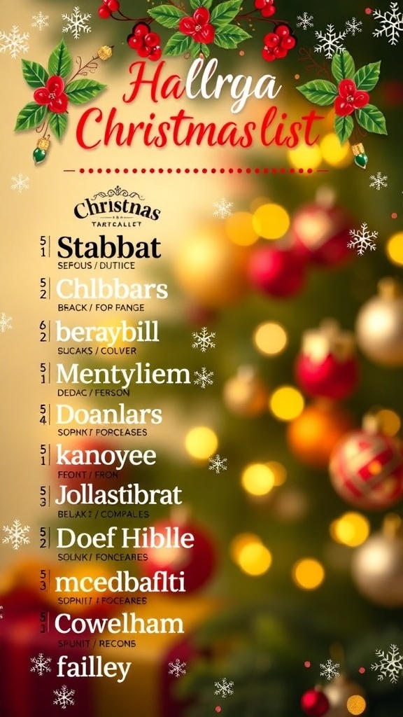 A Christmas list showcasing different font styles with festive decorations.
